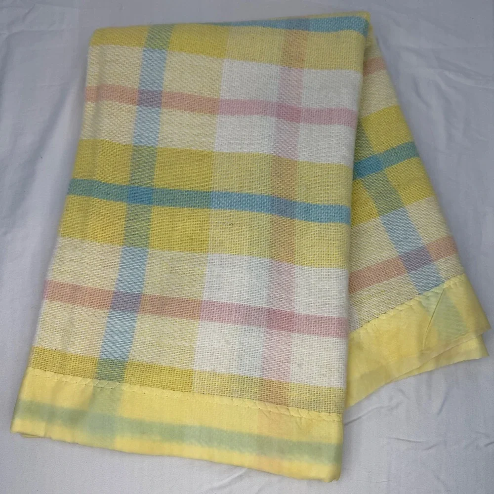 Vintage Pastel Plaid Baby Blanket Yellow Blue Pink Thermal Weave 36x48